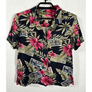 La Cabana Hawaiian Shirt Petite Size PL Postmarks Floral Blue Short Sleeve